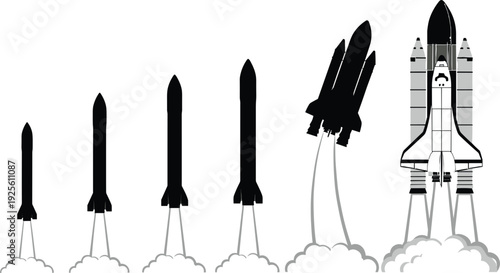 Rocket launch evolution illustration, space shuttle and missiles taking off isolated on white background aerospace technology vector design
