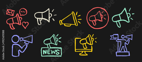 Megaphone Announcement Signs Crayon Chalk Drawing Doodle Vector Set