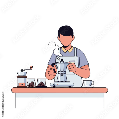 Barista making coffee with moka pot, coffee grinder, and beans on table