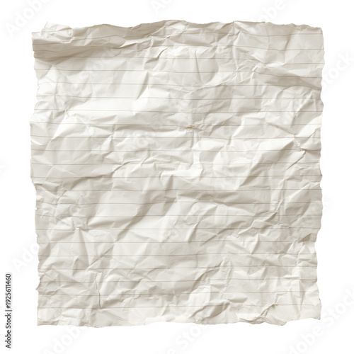 Heavily crumpled lined notebook paper isolated on transparent background