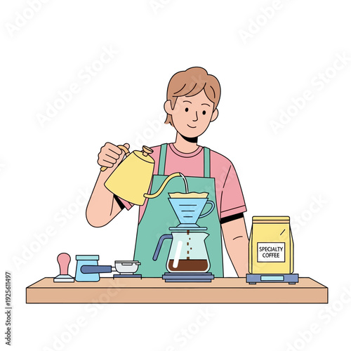 Barista making pour over coffee, specialty coffee brewing, manual coffee maker, coffee shop.