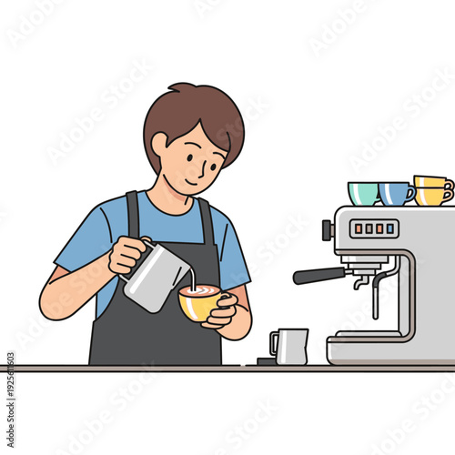 Barista pouring latte art into a cup, preparing coffee with espresso machine, cafe scene