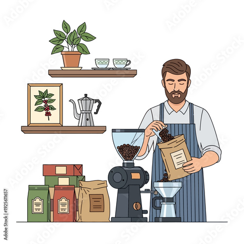 Barista preparing coffee beans with grinder and moka pot in a cozy cafe