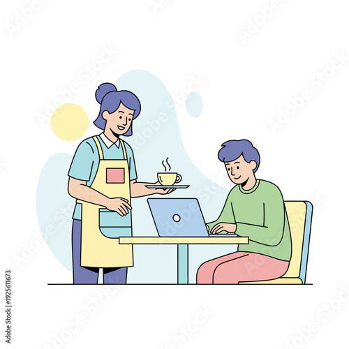 Barista serving coffee to customer working on laptop in cafe, freelance work concept