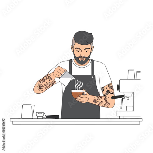 Barista with tattoos pouring milk into coffee cup, making latte art at cafe counter