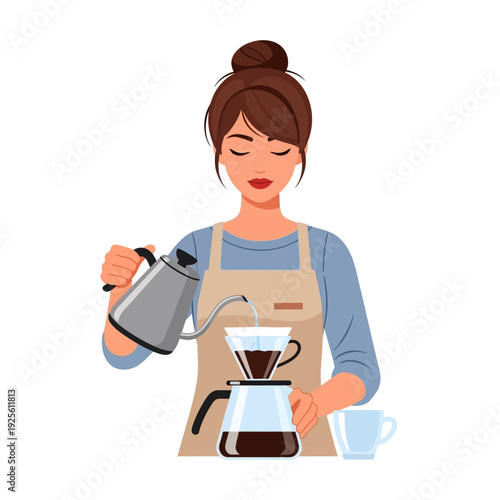 Woman preparing pour over coffee, brewing fresh coffee in a stylish kitchen