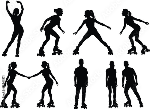 Roller skating men and women silhouettes set, quad skaters in dynamic poses, black and white vector illustration collection for sports design
