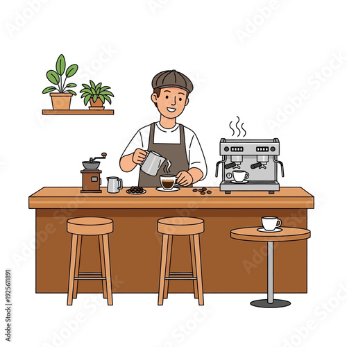 Barista making coffee at counter with espresso machine and plants