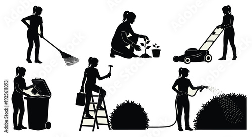 Set of black silhouette vector graphics illustrating various women performing diverse household and gardening chores
