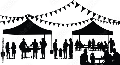 Black and white vector graphic illustration of people enjoying a festive outdoor food market or fair