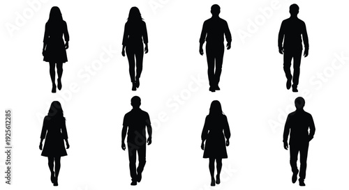 A set of walking people silhouettes vector graphic illustration for diverse design projects.