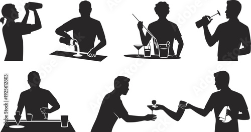 Bartender silhouettes, cocktail shaker, pouring drinks, stirring glass, strainer, serving cocktails, garnished drink, wine tasting, napkin service, bar counte