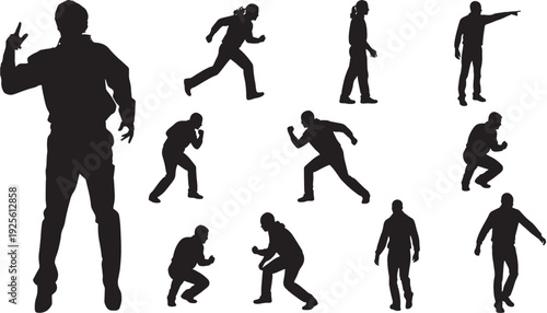 Man silhouette action pose set with walking running pointing crouching fighting stances, black isolated figures for security, detective, military, and motion design