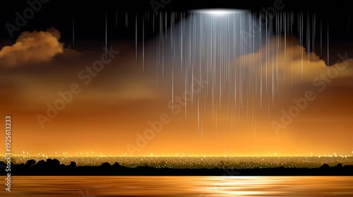 Nighttime cityscape with rain illuminated by a bright spotlight and glowing horizon