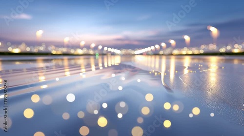 Golden beads scattered on reflective water with blurred city lights at dusk