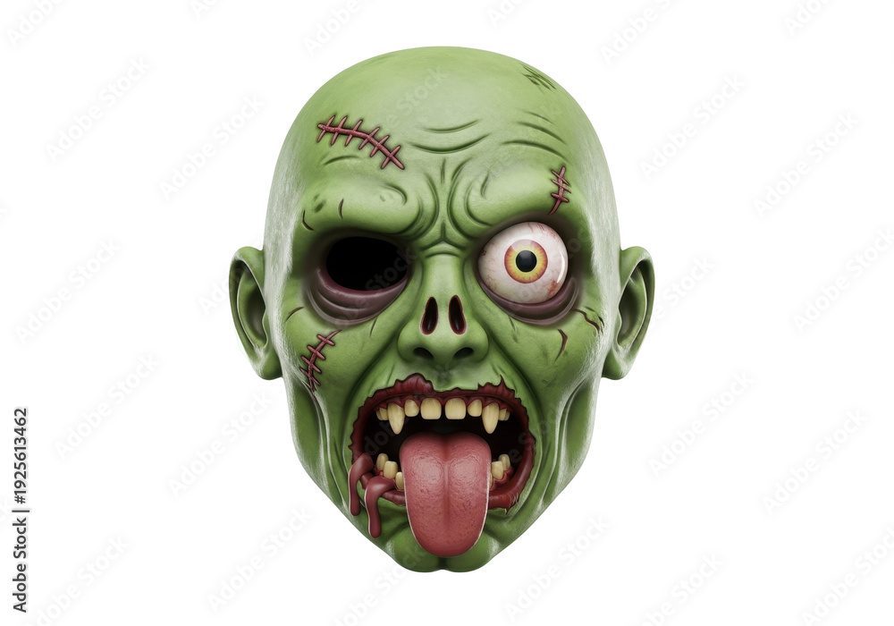 Fototapeta premium Grotesque zombie mask with stitches and protruding tongue, a terrifying Halloween concept