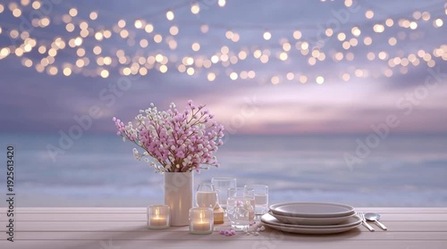 Elegant table setting with flowers and candles by the ocean at dusk