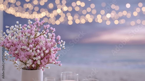 Romantic dinner table setup with flowers and candles by the ocean at dusk