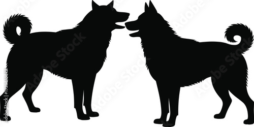 Two Black Dog Silhouettes Facing Each Other With Open Mouths On White animal canine