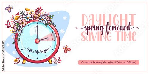 Daylight Saving Floral Clock Banner Illustration