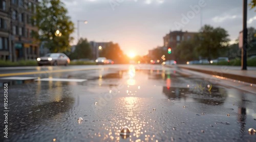 Close-up of hailstones on a wet street with sunset and cars in background