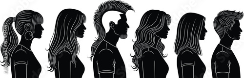 Men and women hairstyle silhouette collection vector illustration, diverse haircuts profile portraits, black and white fashion design set