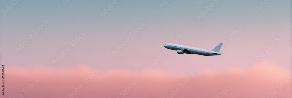 Fototapeta premium White airplane soaring in pink sky during twilight journey