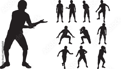Athlete silhouette set with basketball player poses dribbling, passing, defending and running, black cutout figures isolated on white background for sport design