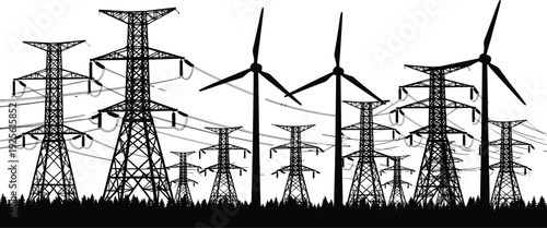 Energy infrastructure silhouettes, transmission towers, wind turbines, power lines, renewable electricity, forest landscape, sustainable energy, rural illustration
