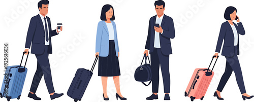 Professional business travelers with luggage walking, ready for their journey.