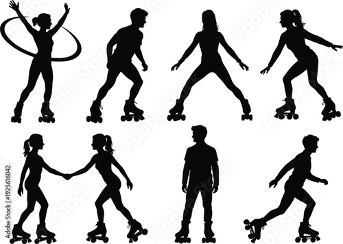 Roller skating silhouettes set, men and women skating with dynamic poses and hula hoop, active lifestyle sport concept, black and white vector illustration