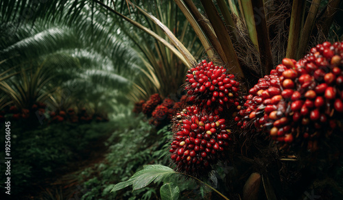 AI generator images of Oil palm (Elaeis guineensis) belongs to the order Arecales, family Arecacea. Oil palm can grow well in tropical areas. Palm oil is a plantation commodity that has high economic 