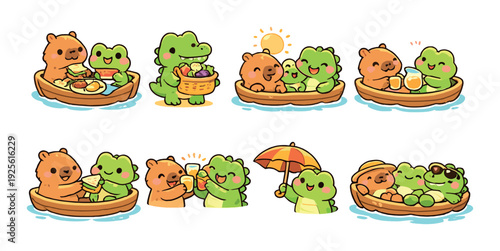 Bear and green friends enjoying food and drinks on boats