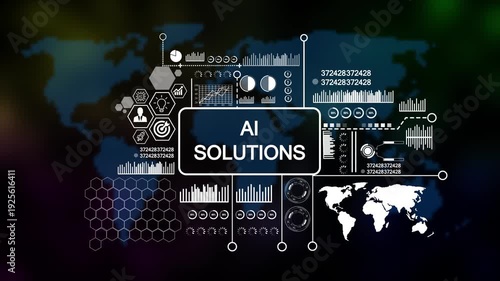 ai solutions Concepts and Infographics in Dark Environment. Asymptotic smart data analytic on world map background. 4k animation 