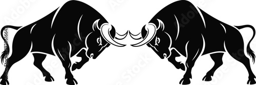 Two Black Silhouette Bulls Charging at Each Other Vector Art animal black and white