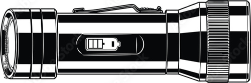 Flashlight illustration, cylindrical body, lens front, textured grip, battery indicator, clip attachment, portable lighting device, black white silhouette