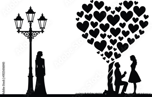 Romantic proposal silhouette scene, man kneeling and proposing to woman under heart shapes near street lamp isolated on white background vector illustration