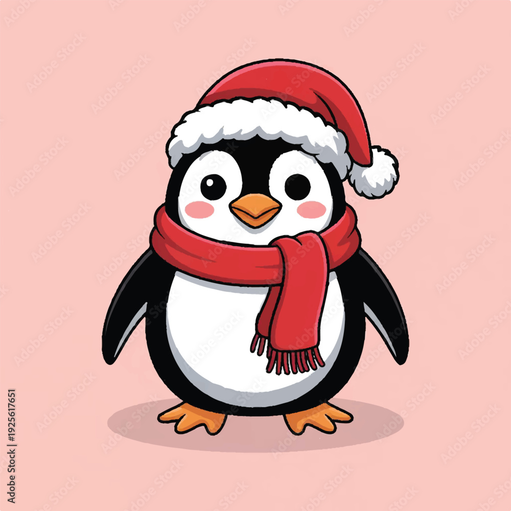 Fototapeta premium cute penguin wearing santa hat and scarf illustration