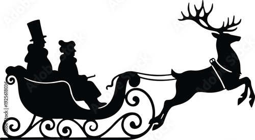 Black vector silhouette of a majestic reindeer pulling a classic ornate sleigh with two passengers for winter holiday Christmas and seasonal festive designs