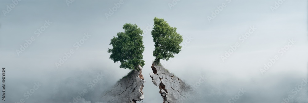 Fototapeta premium Two trees divided by cracked earth and misty atmosphere