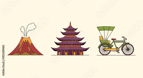 Volcano Pagoda Rickshaw Illustration Set.