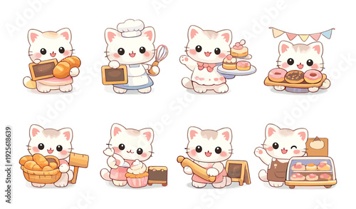 Cartoon cat bakers presenting baked goods in bakery setting