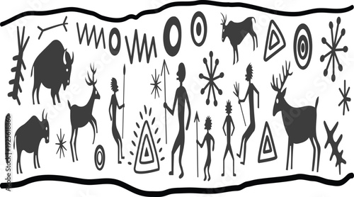 Ancient rock art depiction of animals and human figures