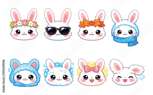 Twelve bunny heads wearing seasonal accessories on gray background