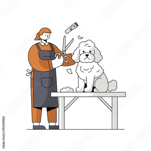 Groomer trimming white poodle dog with scissors and clippers on grooming table