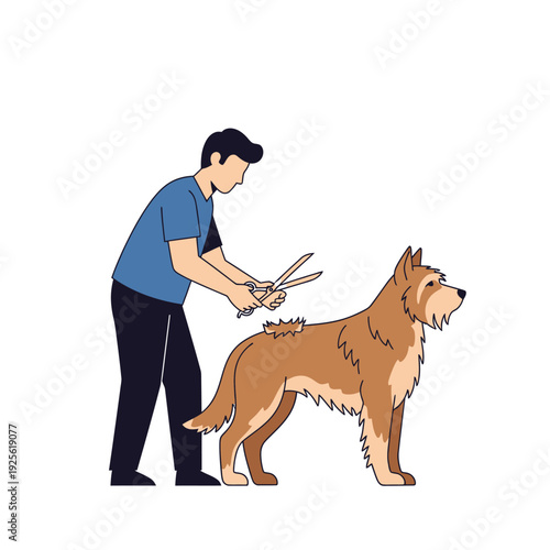 Groomer trims shaggy dog's fur with scissors, professional pet care, grooming salon