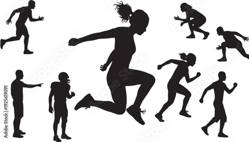 Athletes silhouette set with running, sprinting, jumping and crouching poses, black sport people icons isolated on white background for fitness training design
