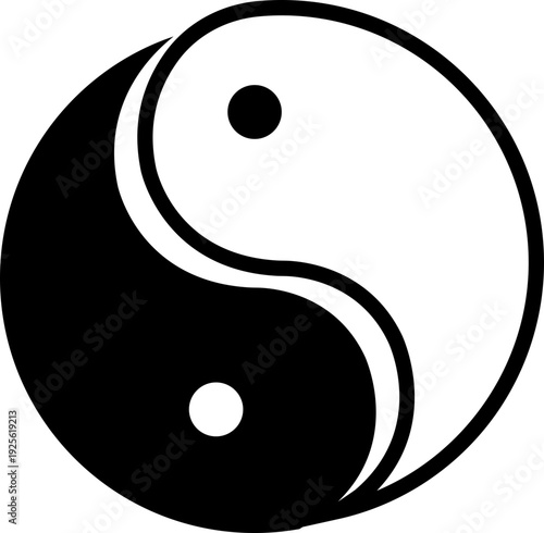 Black flat line yin yang vector  with taijitu balance symbol and outline icons, Chinese philosophy harmony sign isolated on transparent background, editable minimalist design