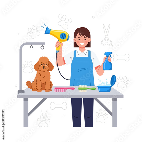 Happy Dog Groomer Drying Cute Poodle with Hairdryer on Grooming Table