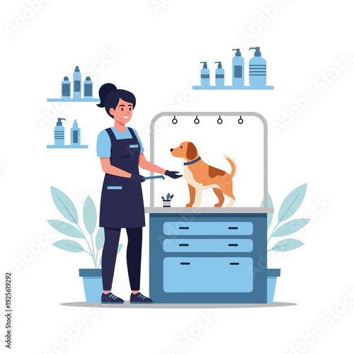 Professional dog groomer styling a small terrier mix on a grooming table with tools and supplies